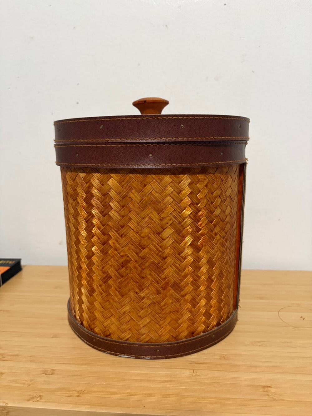 Vintage Woven Rattan Ice Bucket Faux Leather Trim Insulated Tiki Barware